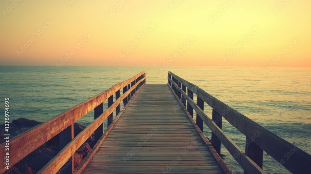 A long wooden pier stretching out to the calm sea, with the horizon blending into a soft orange sunset sky. A long wooden pier stretching out to the calm sea, with the horizon blending into a soft orange sunset sky.