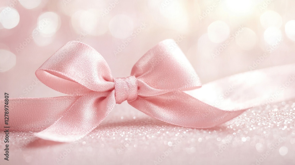 A soft pink ribbon bow placed on a pastel background with a glowing effect. A soft pink ribbon bow placed on a pastel background with a glowing effect.