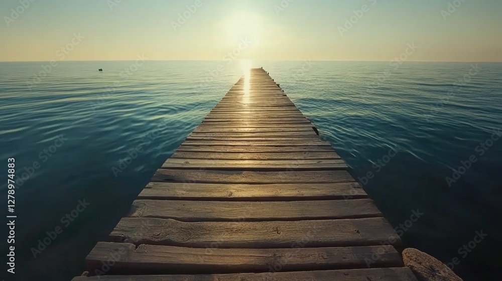 A long wooden pier stretching out to the horizon, with the sea glistening under the soft light of sunrise. A long wooden pier stretching out to the horizon, with the sea glistening under the soft light of sunrise.