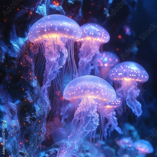 Glowing jellyfish illuminated in dark ocean.