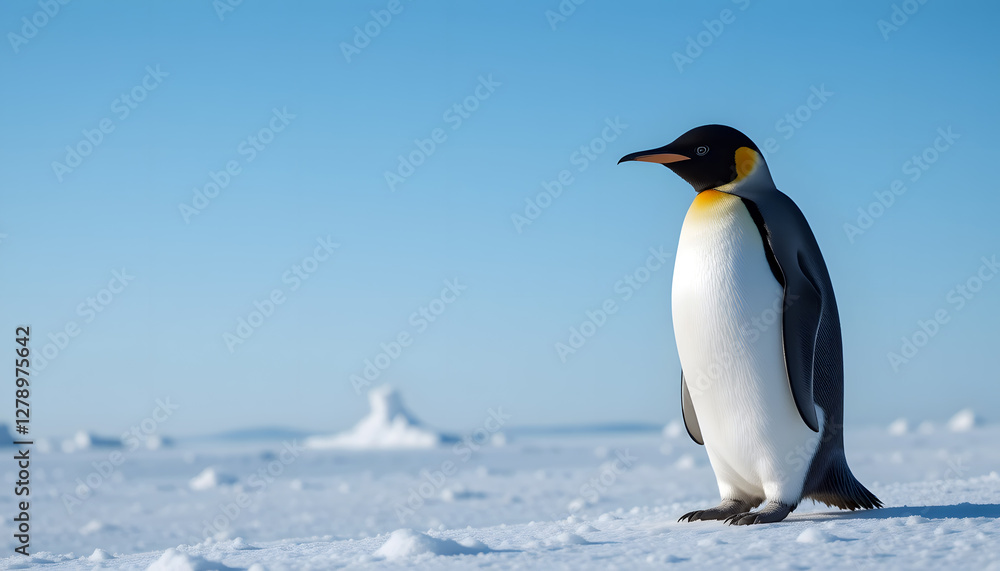 Fototapeta premium Emperor Penguin on Snowy Terrain - Pristine Ice Formations in Background - Wildlife in Antarctica