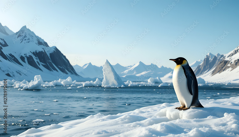 Obraz premium Penguin on Icy Floe - Snow-Covered Mountains and Calm Water Background - Antarctic Wildlife Beauty