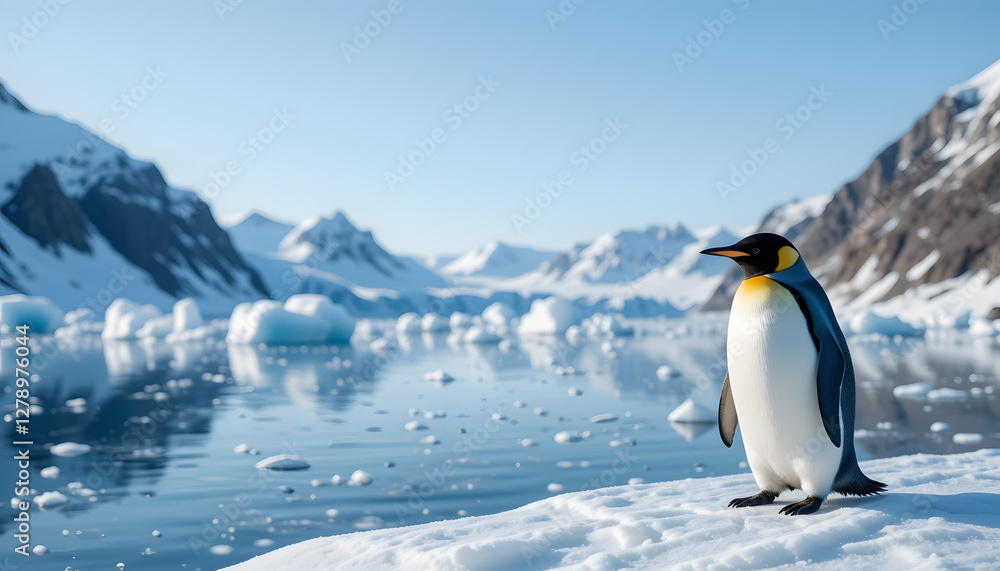 Obraz premium Penguin in Pristine Icy Habitat - Icebergs, Snowy Mountains, and Blue Sky - Fascinating Wildlife Image