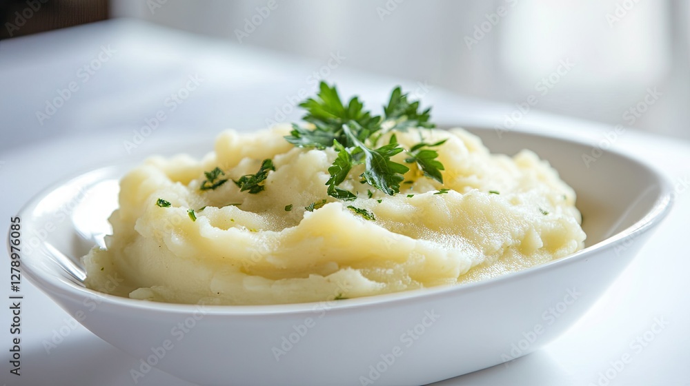 A minimalist presentation of mashed potatoes with a touch of green parsley, plated in a simple white bowl against a bright white setting. A minimalist presentation of mashed potatoes with a touch of green parsley, plated in a simple white bowl against a bright white setting.