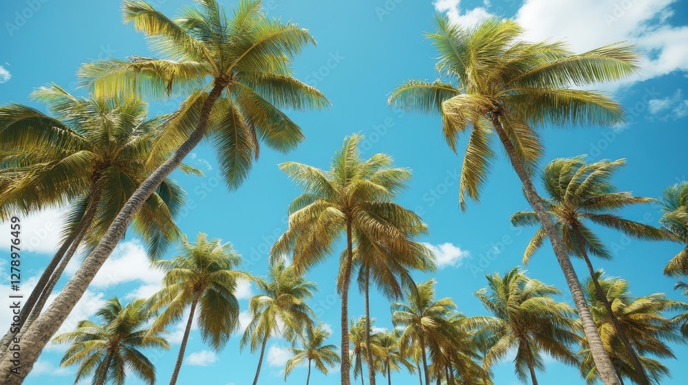 A vibrant scene featuring numerous palm trees majestically rising against a clear blue sky, embodying the essence of tropical paradise and serene beauty. A vibrant scene featuring numerous palm trees majestically rising against a clear blue sky, embodying the essence of tropical paradise and serene beauty.
