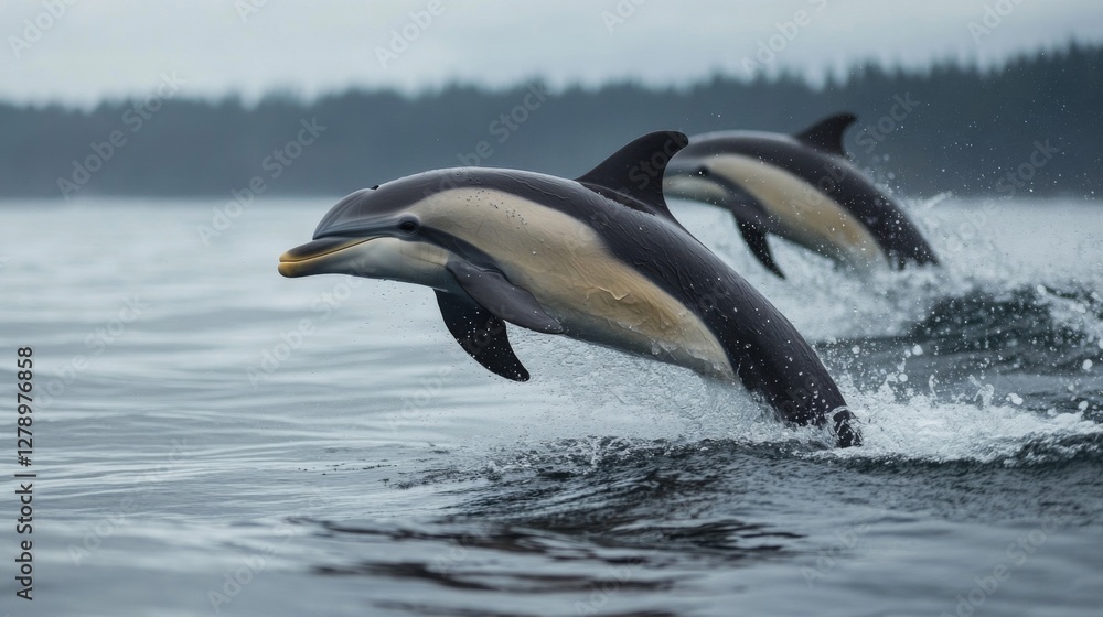Obraz premium Two Dolphins Leaping Gracefully in the Ocean