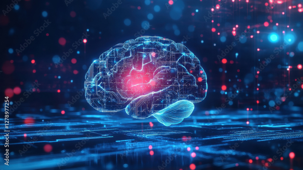 Think Pod, A modern technological illustration of the human brain arranged on a dark blue background. medicine scientific, advertising, commercial and industrial. Think Pod, A modern technological illustration of the human brain arranged on a dark blue background. medicine scientific, advertising, commercial and industrial.