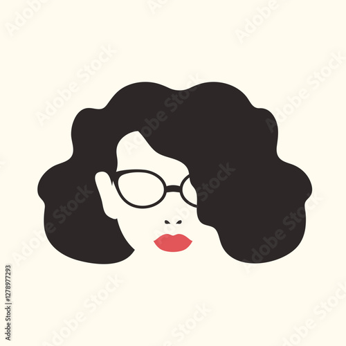 Elegant woman in glasses icon. Abstract minimalist portrait of a female face. Haircut, nose, red lips and eyeglasses. Vector illustration