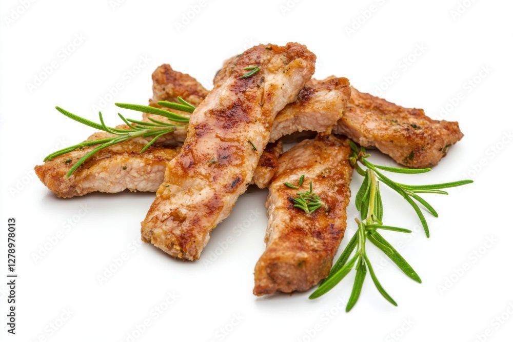 Grilled chicken strips arranged with fresh herbs on a clean white background Grilled chicken strips arranged with fresh herbs on a clean white background