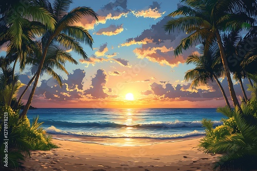 Tropical Sunset Beach Scene: Paradise at Dusk