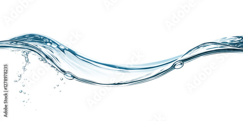 Water Liquid Stream Flowing with Glossy Texture and Drips on White Background, Pure, Glossy Water Flow