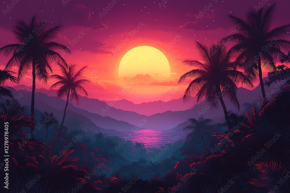 Fototapeta premium Vibrant Sunset Over a Tropical Paradise