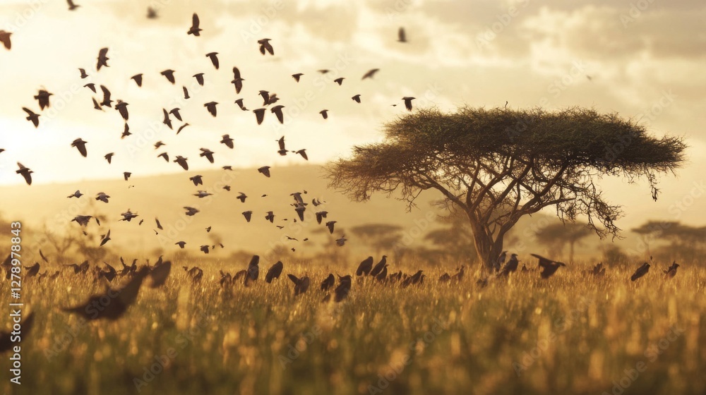 Obraz premium Birds Taking Flight at Sunset Over African Savanna