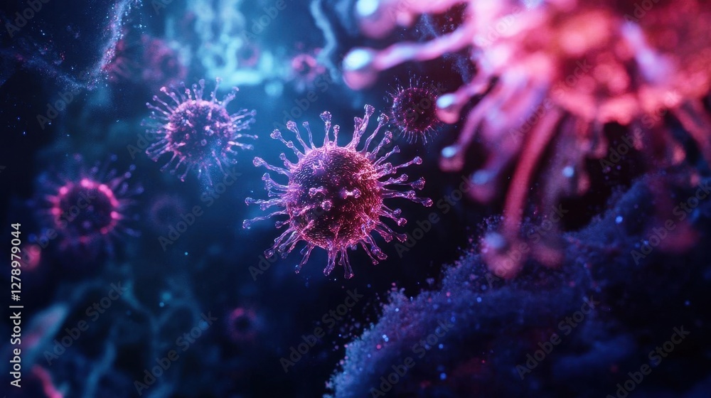 Fototapeta premium Microscopic 3D Visualization of Colorful Virus Particles Floating in Dark Space for Medical and Scientific Research