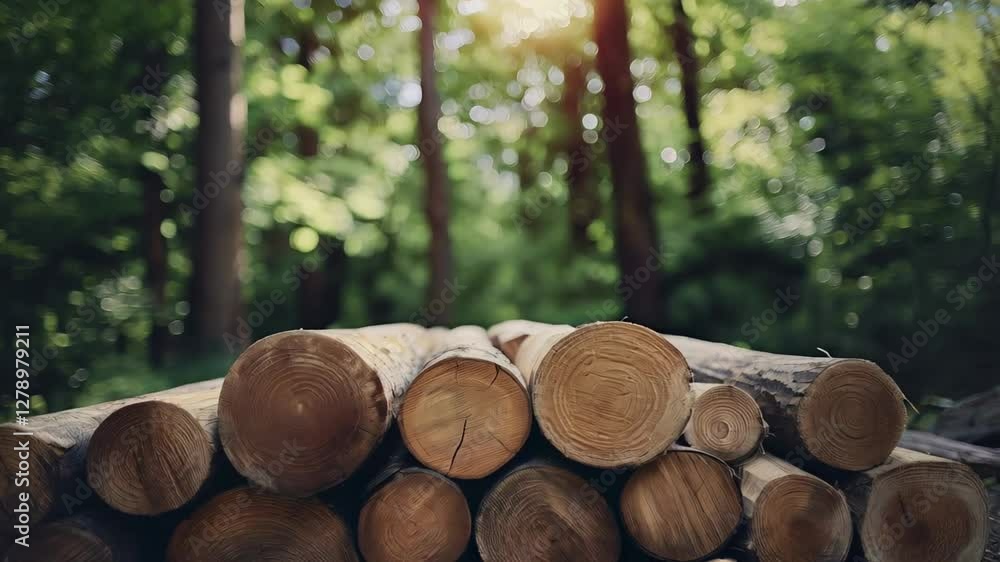 Wooden logs precisely arranged amid lush forest, golden sunlight streaming through dense green foliage, illuminating serene woodland sustainability