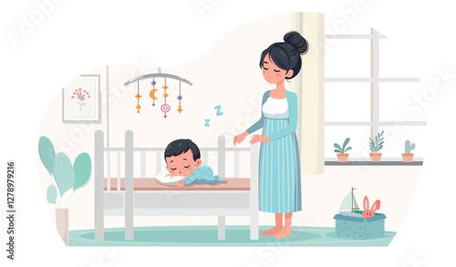 mother is standing at the baby crib and looking at sleeping baby cartoon vector style flat design