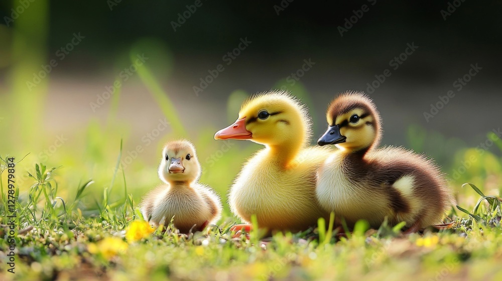 Three Adorable Yellow and Brown Ducklings in Green Grass Three Adorable Yellow and Brown Ducklings in Green Grass