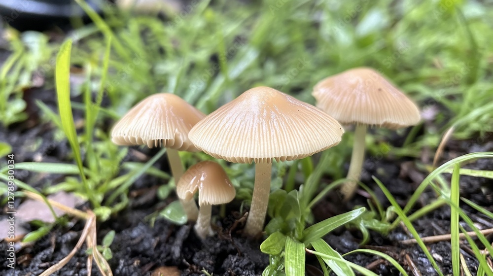 Close-up of three small light-brown mushrooms growing in green grass and dark soil. Close-up of three small light-brown mushrooms growing in green grass and dark soil.