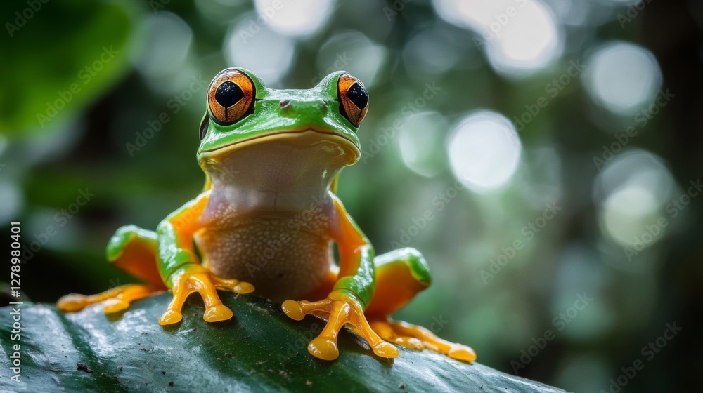 Fototapeta premium Vibrant Green And Orange Frog On Lush Green Leaf