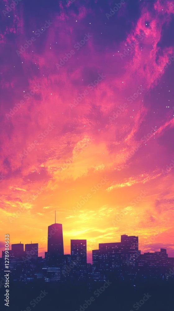 Fototapeta premium Cityscape silhouette against a vivid sunset sky with stellar accents