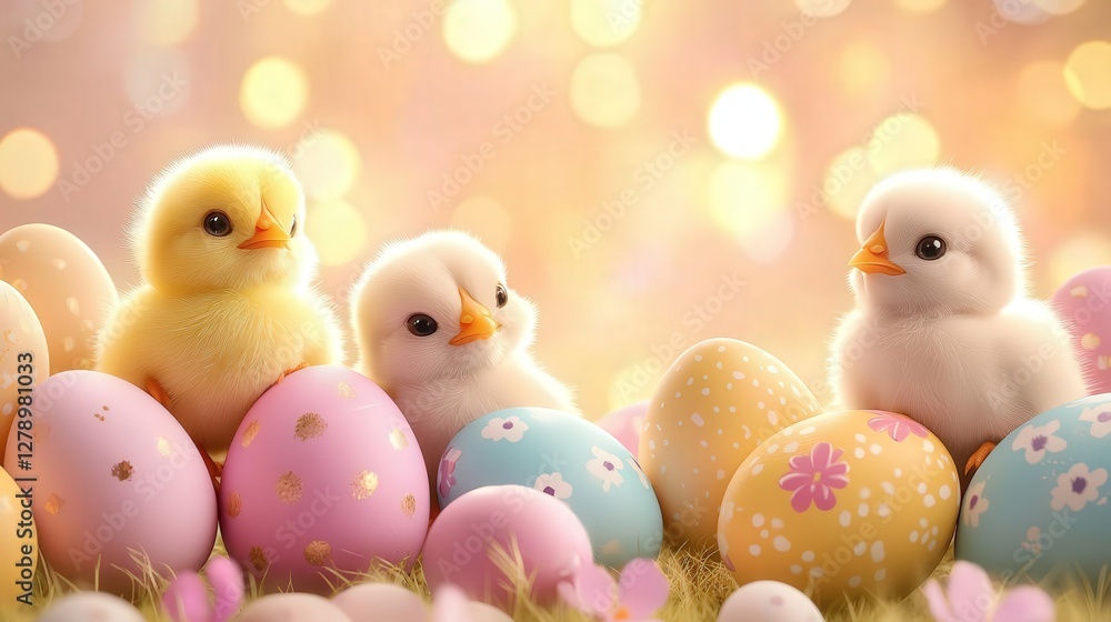 Adorable Easter chicks with pastel eggs Adorable Easter chicks with pastel eggs