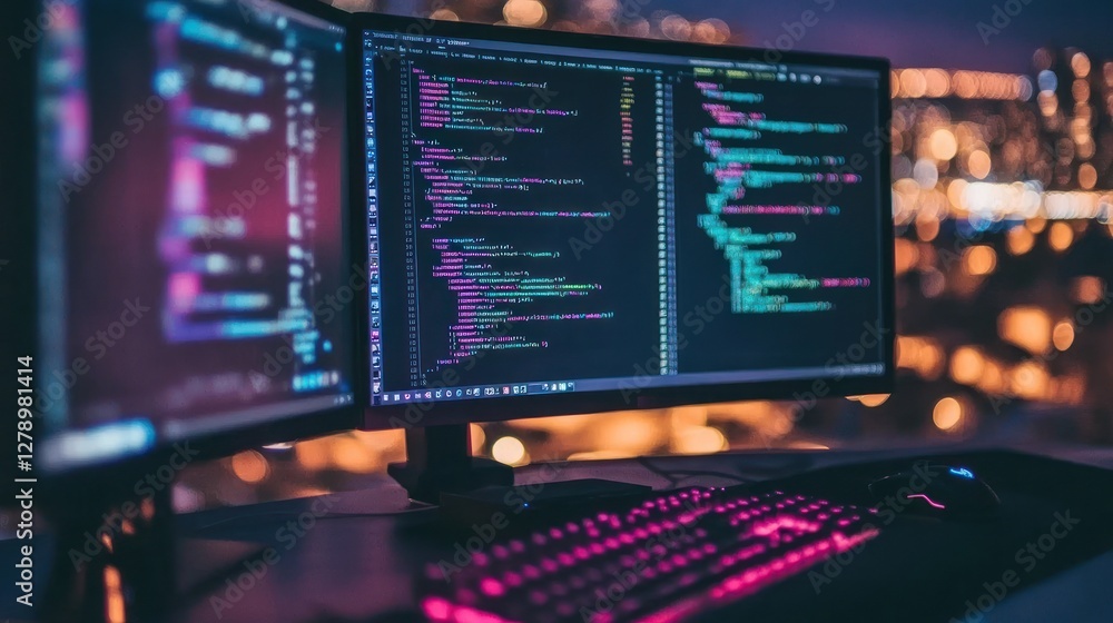 Night Coding Session: Dual Monitors Displaying Lines of Code Against a City Lights Background Night Coding Session: Dual Monitors Displaying Lines of Code Against a City Lights Background