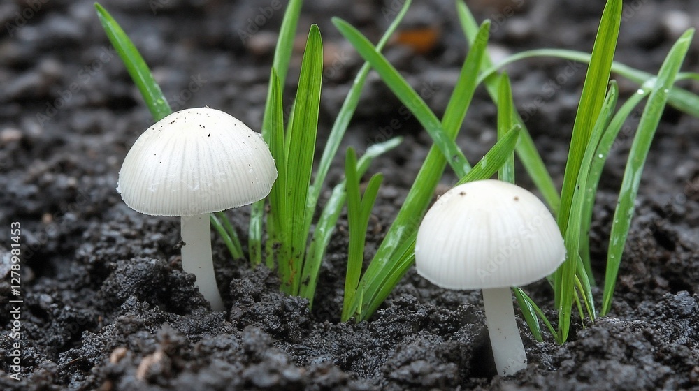 Two small white mushrooms emerging from dark soil among green grass blades. Two small white mushrooms emerging from dark soil among green grass blades.
