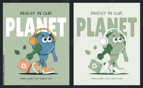 Earth day illustrations with groovy cartoon characters. Zero waste, recycle, save Earth, less plastic concepts. Ecology, environmental protection. Monochrome palette
