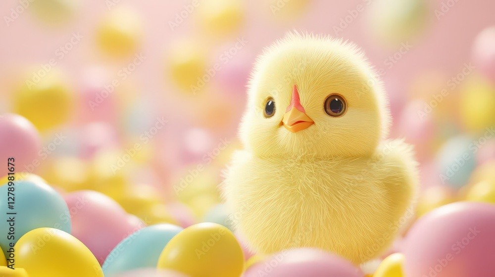 Cute chick nestled in pastel eggs Cute chick nestled in pastel eggs