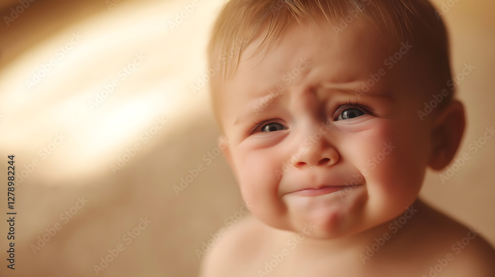 Softly lit portrait of an adorable baby boy expressing emotion in a cozy indoor setting during the afternoon light Softly lit portrait of an adorable baby boy expressing emotion in a cozy indoor setting during the afternoon light