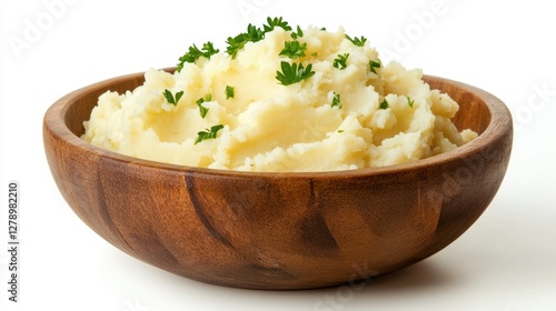 Wallpaper Mural A rustic-style wooden bowl filled with fluffy mashed potatoes, garnished with parsley, sitting on a white surface with soft shadows. Torontodigital.ca