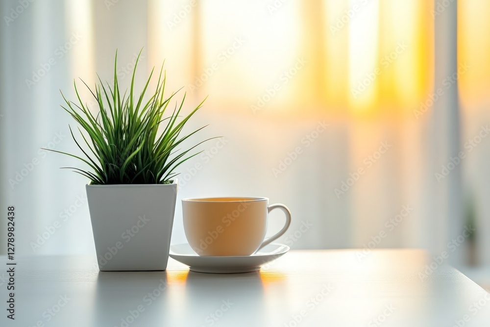 Fototapeta premium Sunrise tea, plant, table, calm morning, home office