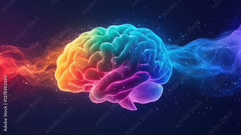 Obraz premium Symbol of cognitive overload and creative inspiration: Rainbow human brain explosion, World Mental Health Day concept, psychology and. Banner, Copy space
