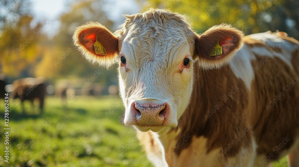 Close Up Portrait Of Brown And White Cow In A Sunny Pasture Close Up Portrait Of Brown And White Cow In A Sunny Pasture