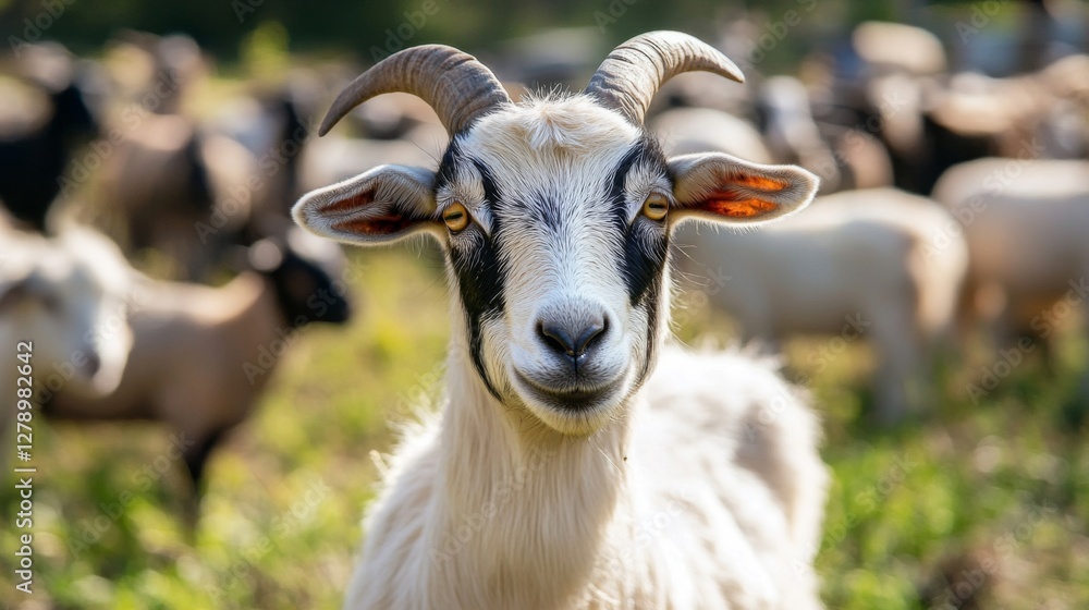 Portrait of a Curious White and Black Goat in a Pastoral Setting Portrait of a Curious White and Black Goat in a Pastoral Setting