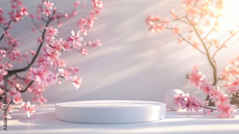 In the background, pink cherry blossoms beautifully frame a white podium In the background, pink cherry blossoms beautifully frame a white podium