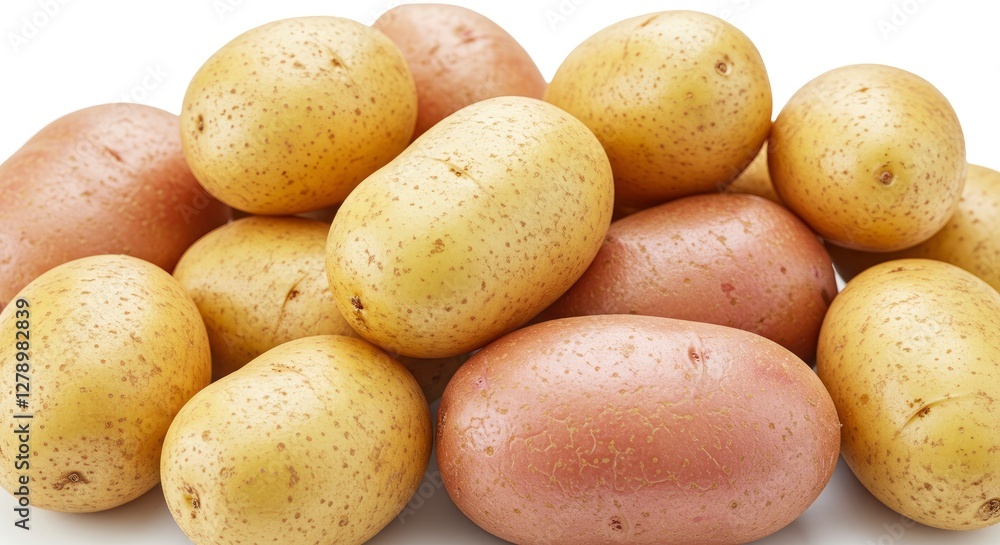 Fresh Potatoes Pile Including Yellow and Red Potatoes on White Background Fresh Potatoes Pile Including Yellow and Red Potatoes on White Background