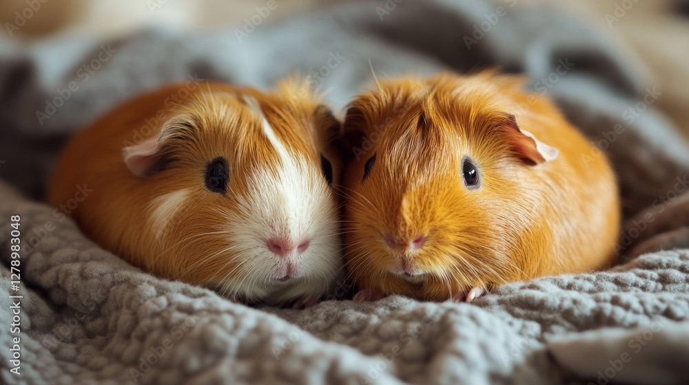Two Orange and White Guinea Pigs Cuddle on a Grey Blanket Two Orange and White Guinea Pigs Cuddle on a Grey Blanket