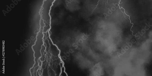 Thunder, lightnings and rain on a stormy summer night in black and white. Lightning bolts in the sky at night. 

