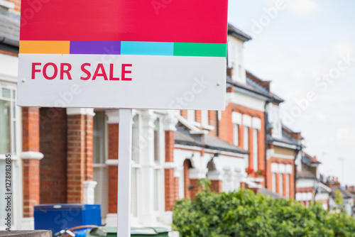 For Sale sign displayed outside a terraced house in Crouch End, London, UK