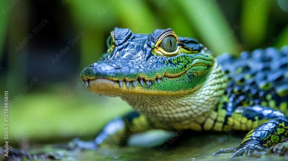 Closeup of a Green Alligator in Lush Tropical Setting Closeup of a Green Alligator in Lush Tropical Setting