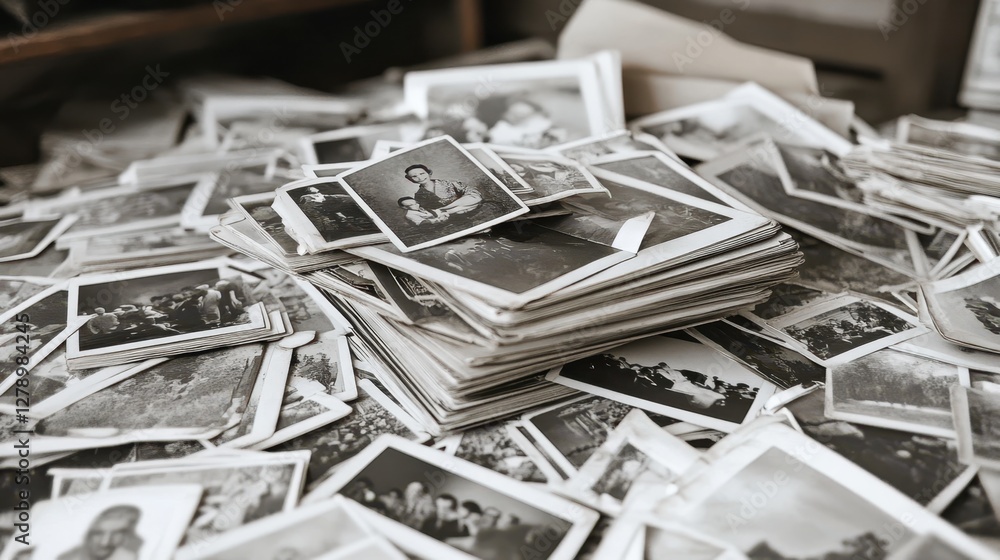 Fototapeta premium A collection of vintage photographs featuring families and children displayed on a wooden table, evoking nostalgia and cherished memories.
