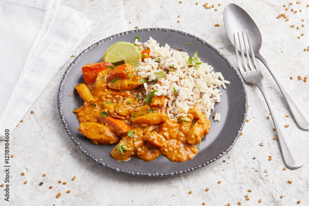 Salsify Curry with Rice on a black plate Salsify Curry with Rice on a black plate