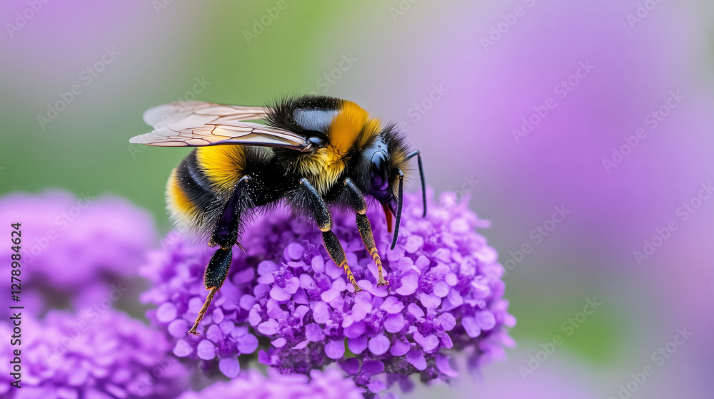 close up of bee on purple flower in vibrant garden setting