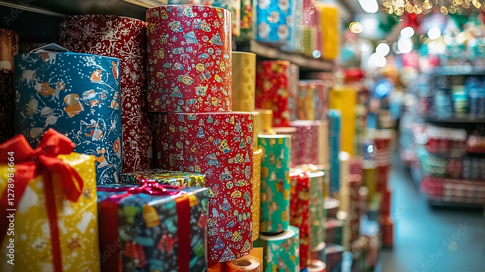 Fototapeta premium Colorful rolls of wrapping paper and gift boxes on shelves.