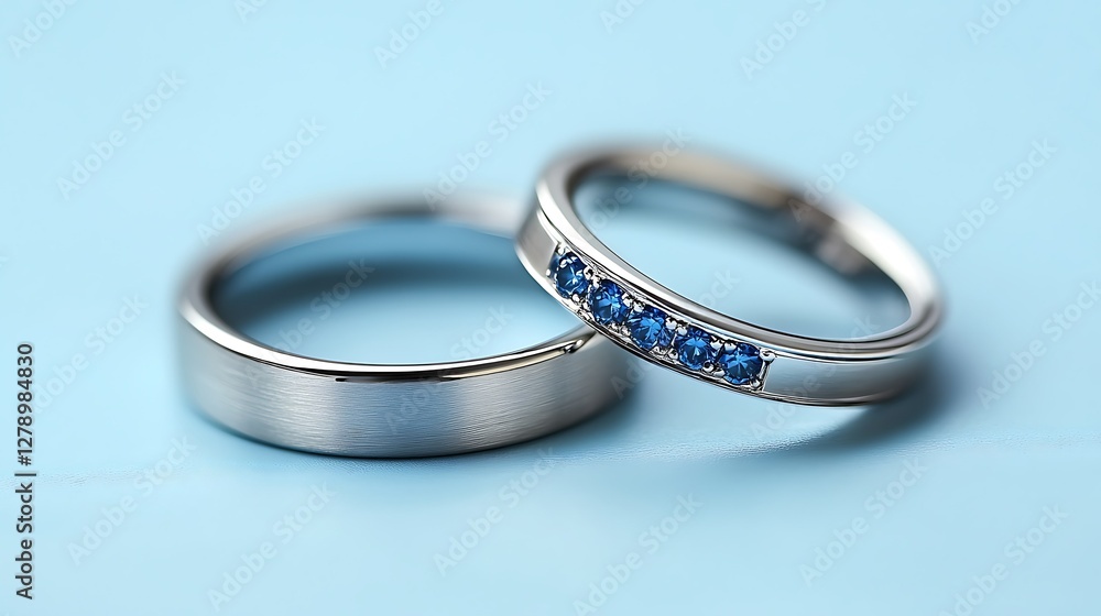 Couple's wedding rings, blue gemstones, light blue background. Possible use Jewelry advertisement Couple's wedding rings, blue gemstones, light blue background. Possible use Jewelry advertisement