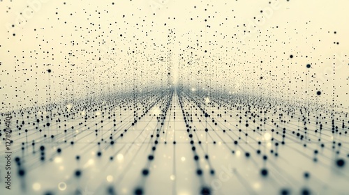 Abstract representation of a digital landscape with floating dots and lines in a spacious setting