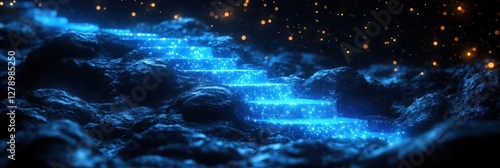 Glowing blue steps ascend a dark, rocky path under a starry sky.