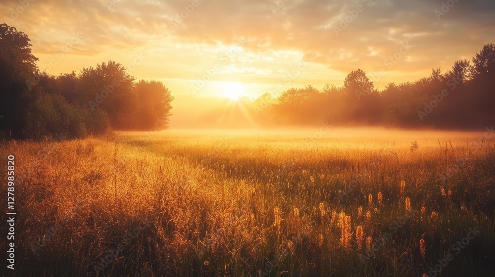 Fototapeta premium Serene Countryside Meadow Bathed in Golden Sunrise Light with Morning Mist Creating Dreamy Natural Landscape
