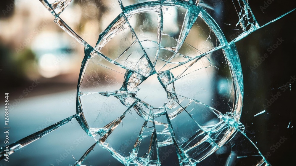 A broken transparent glass pane with intricate web-like cracks and scattered glass fragments.